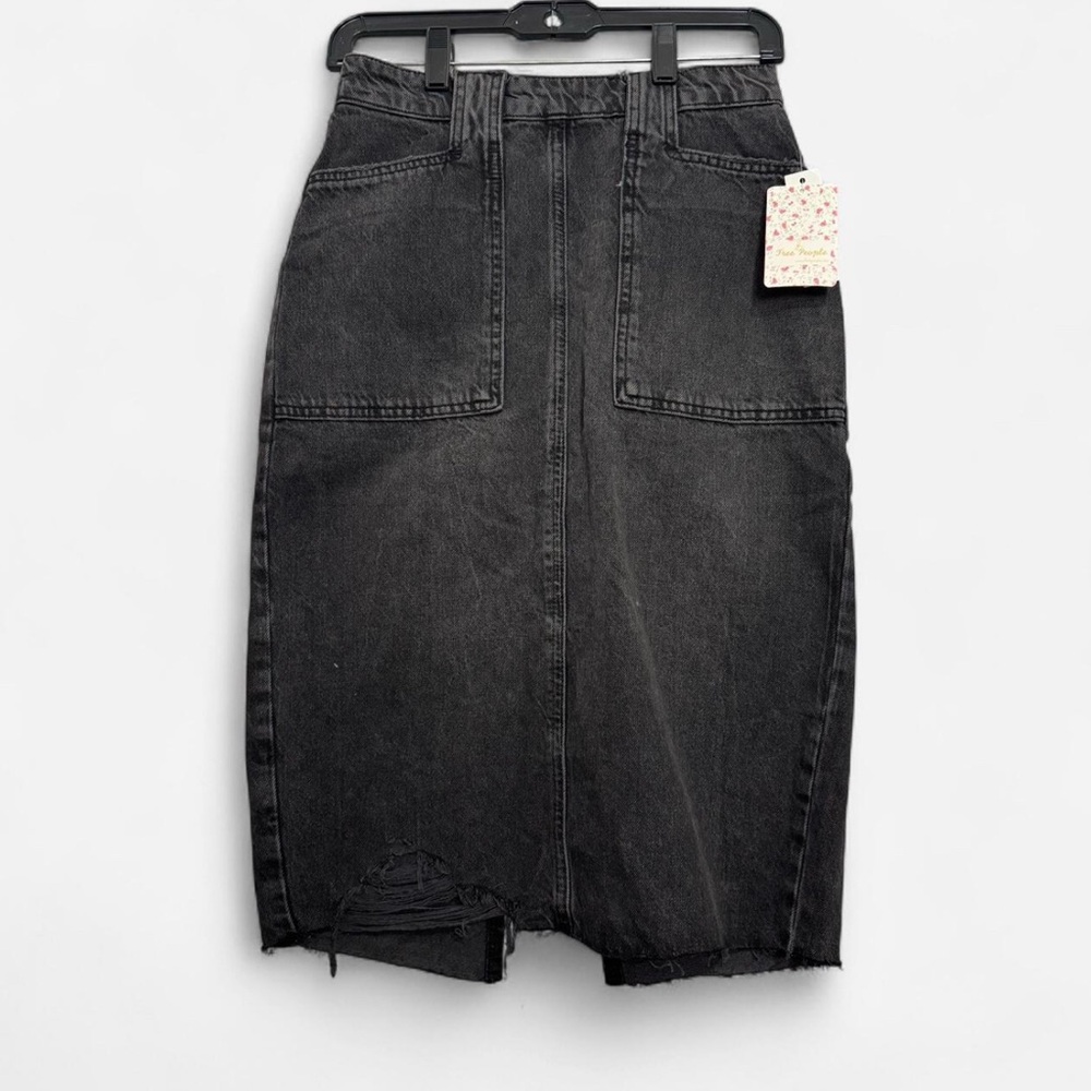 Free People Elisa Denim Midi Pencil Skirt Ripped RawHem Sz 2 Grunge Edgy 90s NWT